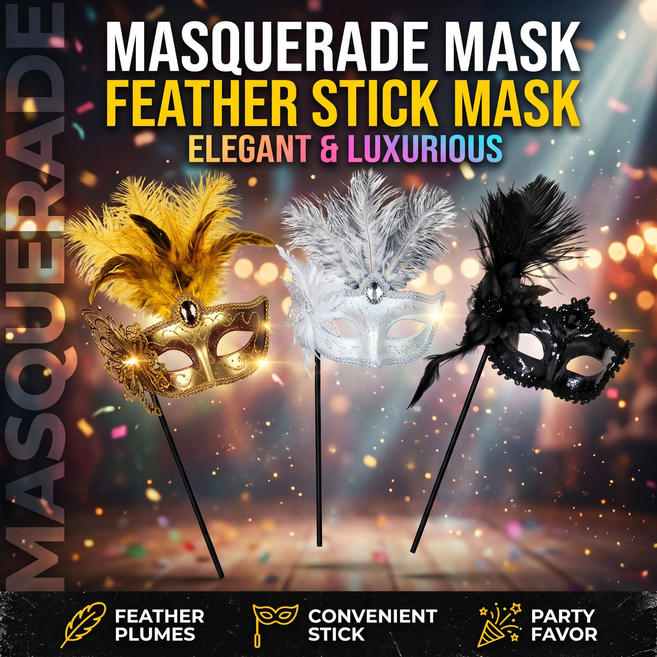 Feather Masquerade Eye Mask with Handheld Stick (Assorted)
