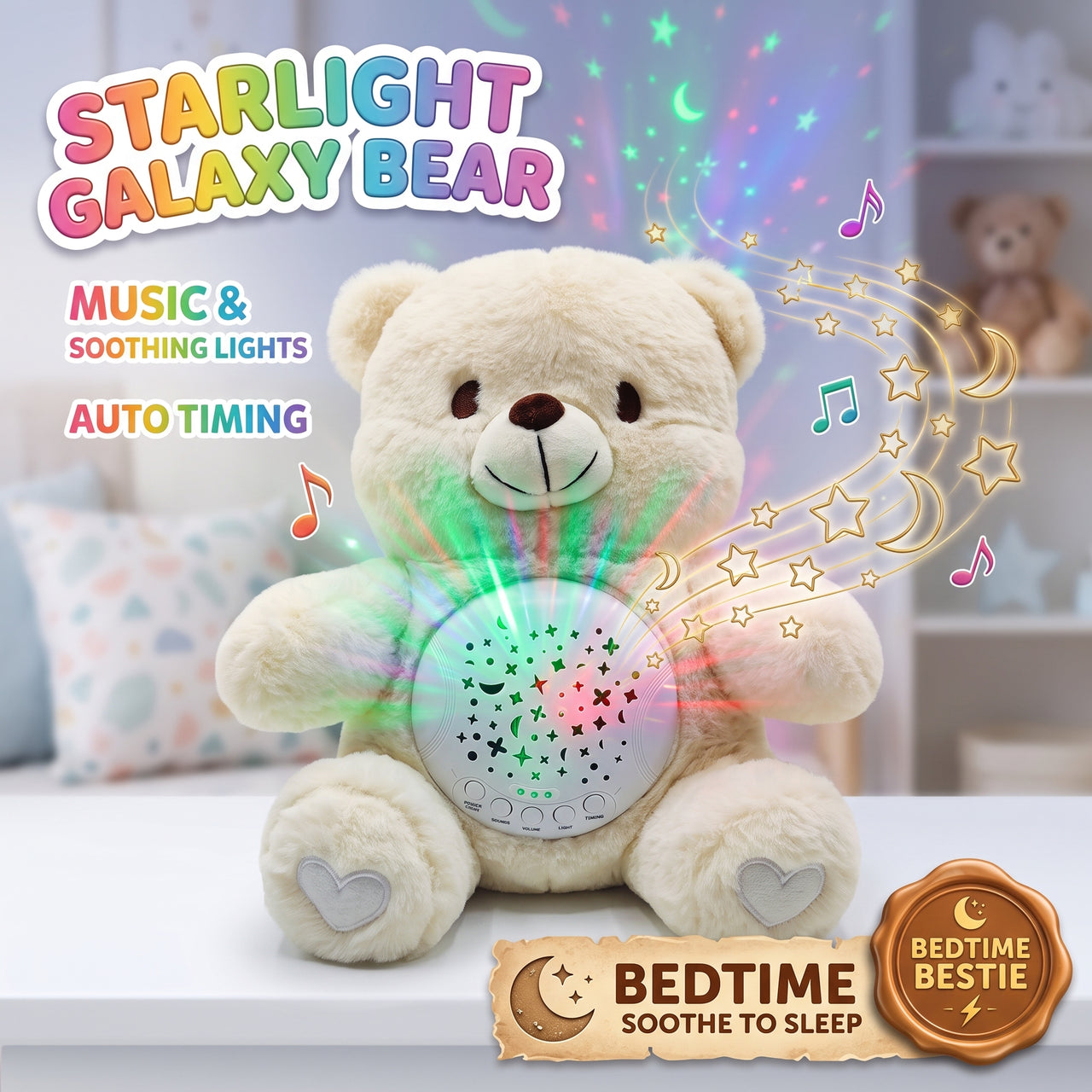 Star Projector White Teddy Bear With Sleep Soother