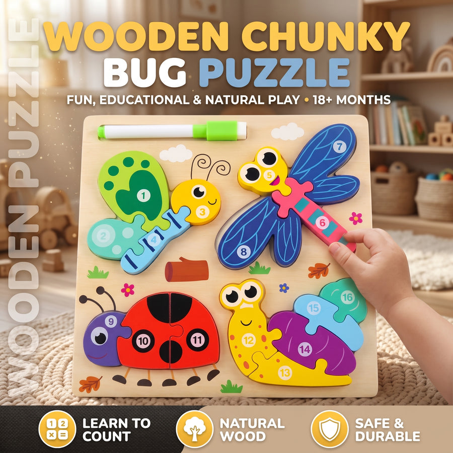 4 Bug Number Chunky Board Puzzle Butterfly, Dragonfly, Ladybird & Snail