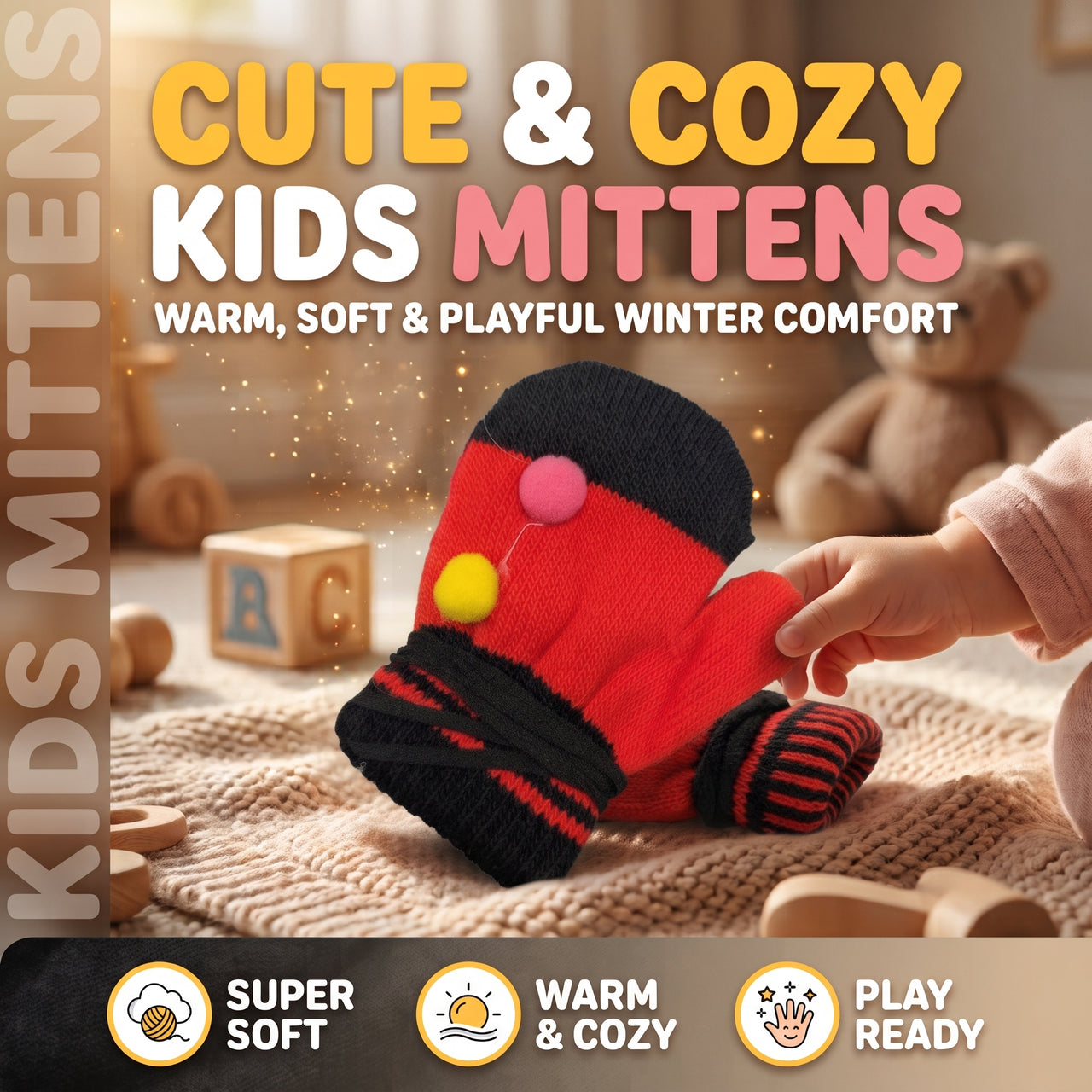 Kids Winter Mittens with Pom-Pom Baby Mitten Glove (1 Pair)