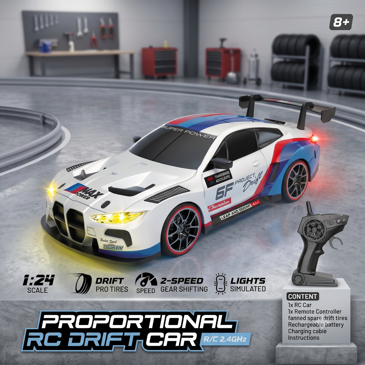 1:24 Scale Remote Control Drift Car With Pro Tires & Simulated Lights 2.4GHz