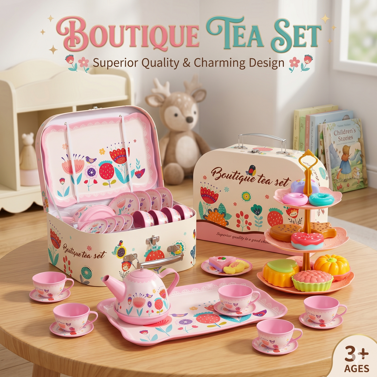 Pretend Play Metal Boutique Tea Set And Dessert Stand