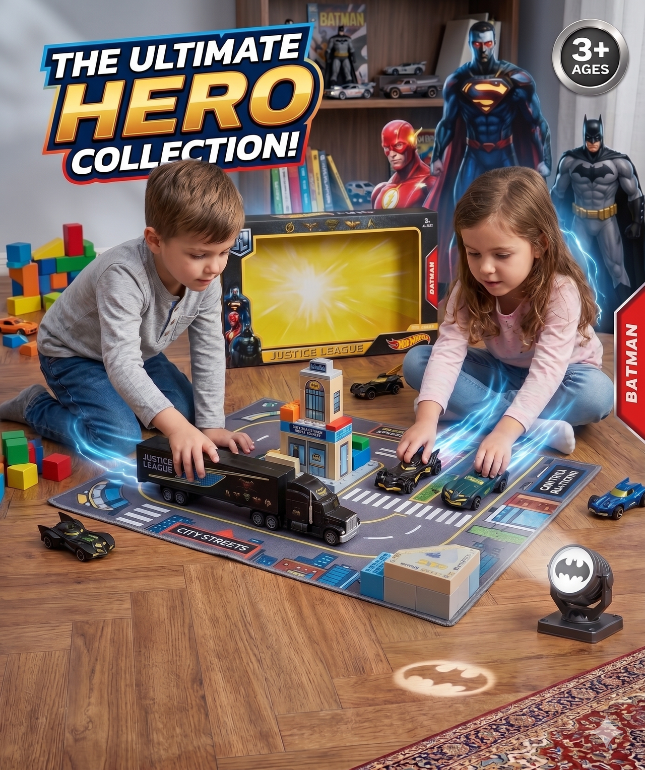 Hot Wheels Justice League Batman Die-Cast Collection Set | 6 Cars + Transporter Truck | Age 3+