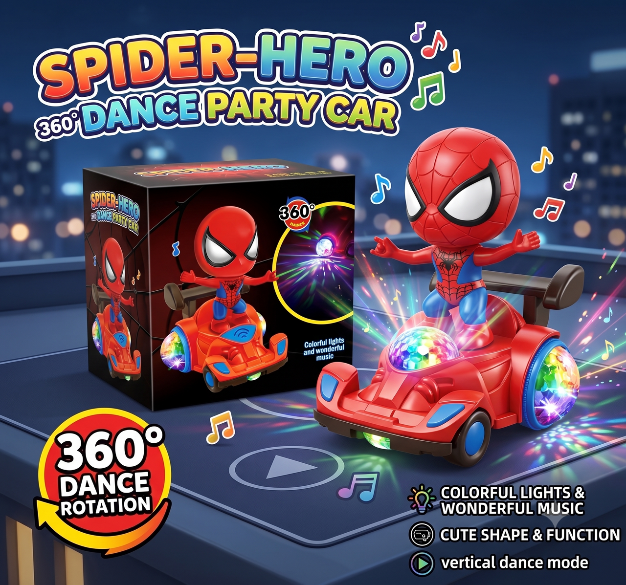 Spider-Man 360° Rotate Dancing Car with Lights & Music