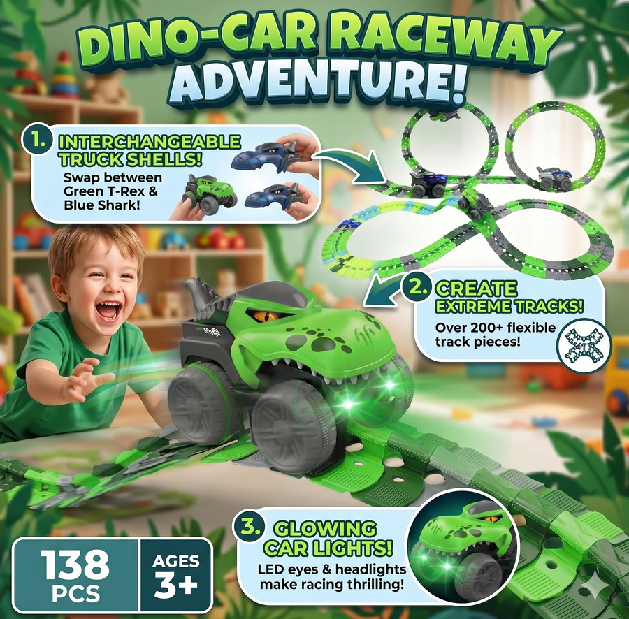 138 Pcs Dinosaur Race With Interchangeable Different Car Shell