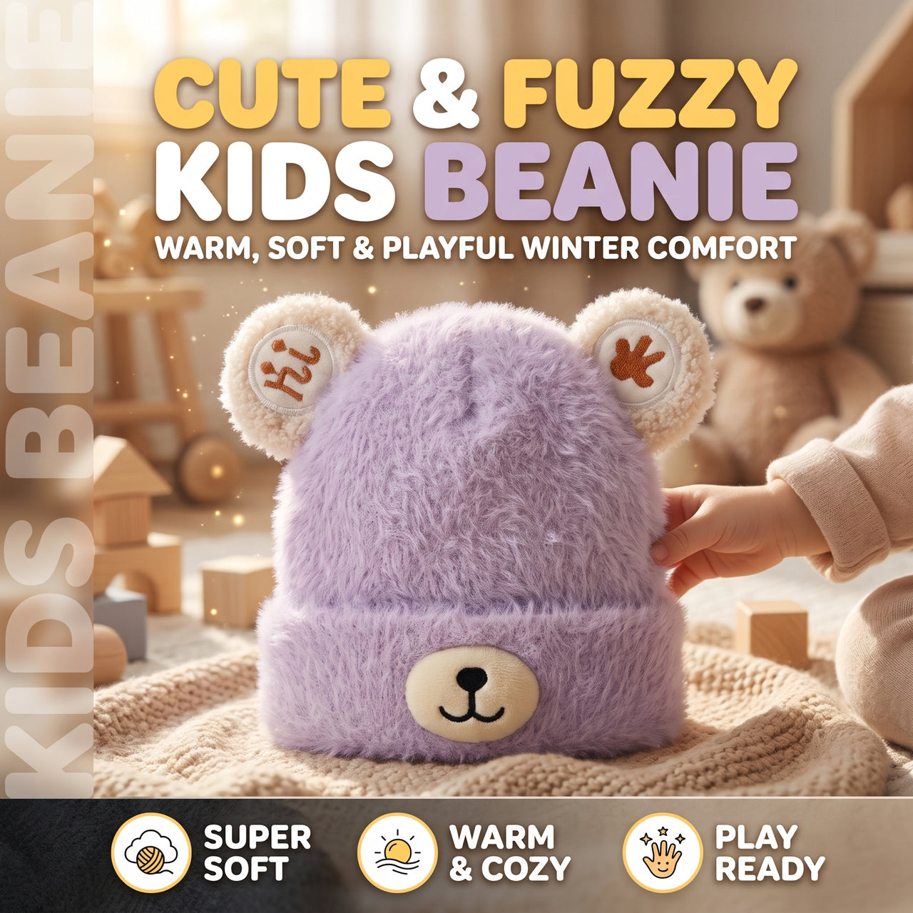 Kids Fuzzy Bear Face Beanie with Round Ears Cap