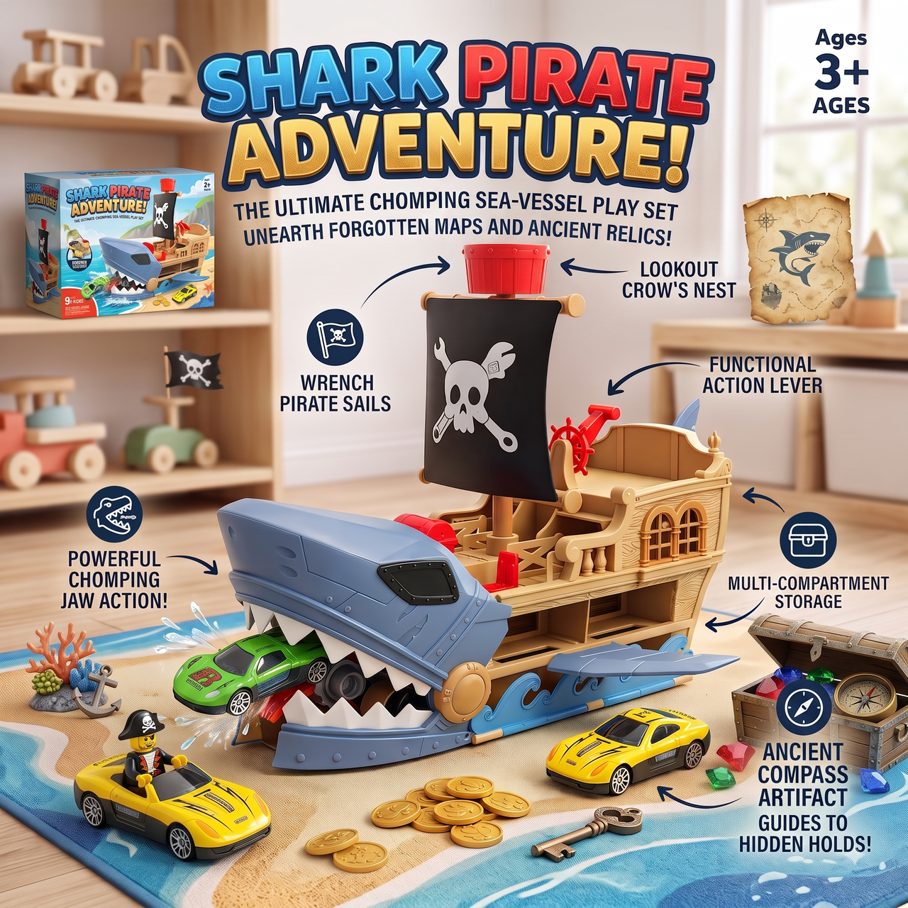 Shark Pirate Ship Car Launcher Playset with 2 Mini Cars