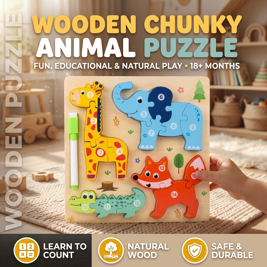 4 Animal Number Chunky Board Puzzle Giraffe, Elephant, Crocodile & Fox