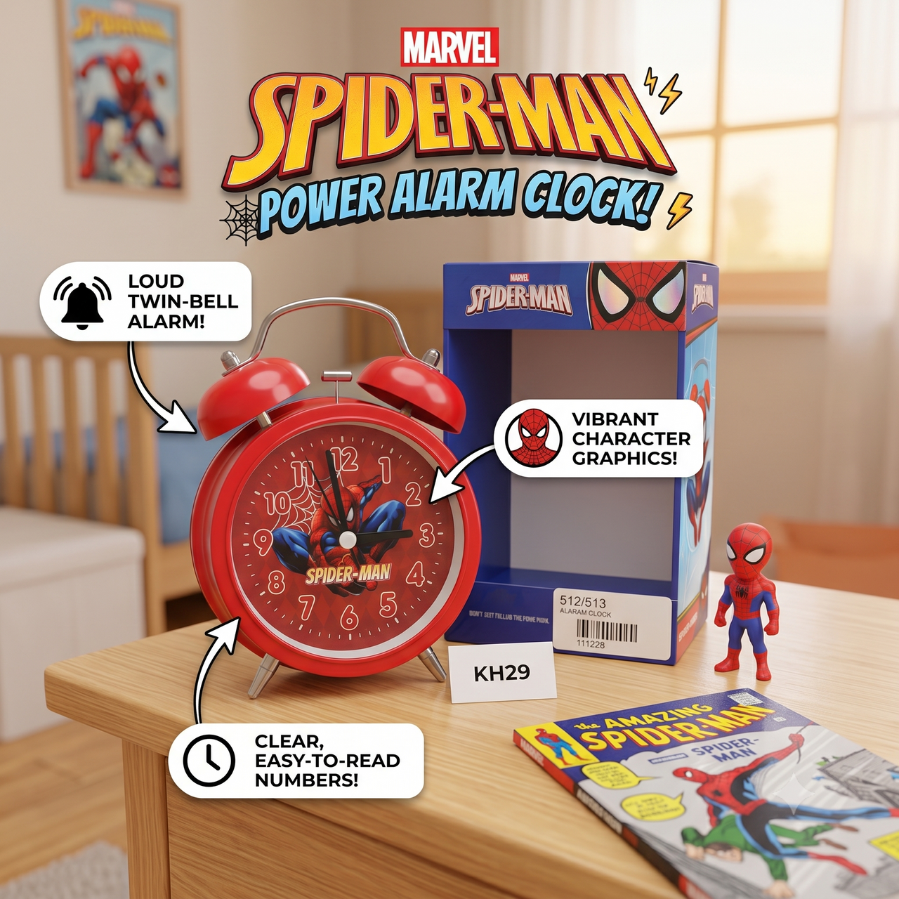 Spider-Man Twin Bell Alarm Clock for Kids