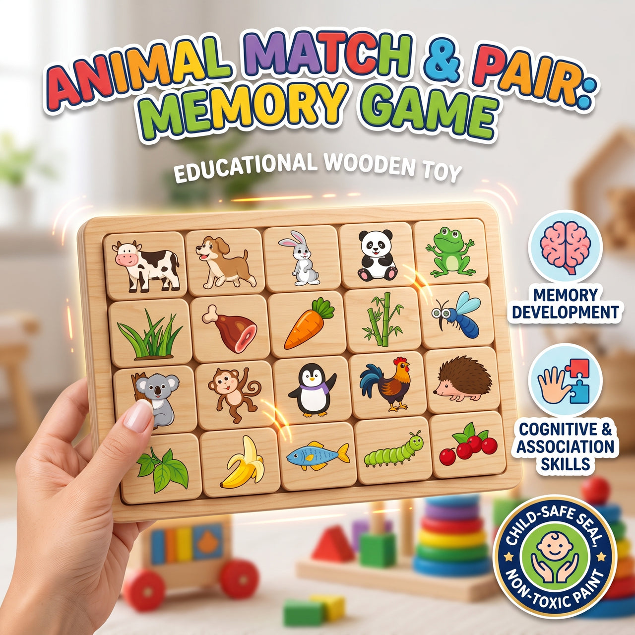 20-Piece Wooden Animal And Food Matching Tiles Set