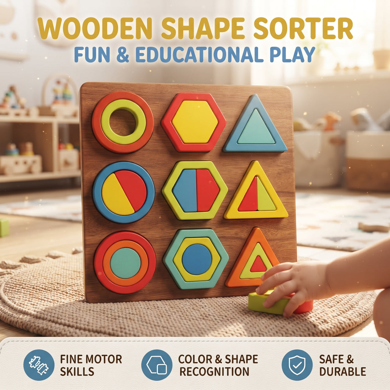 Geometric Shape Sorter Board Puzzle with Circles, Hexagons & Triangles