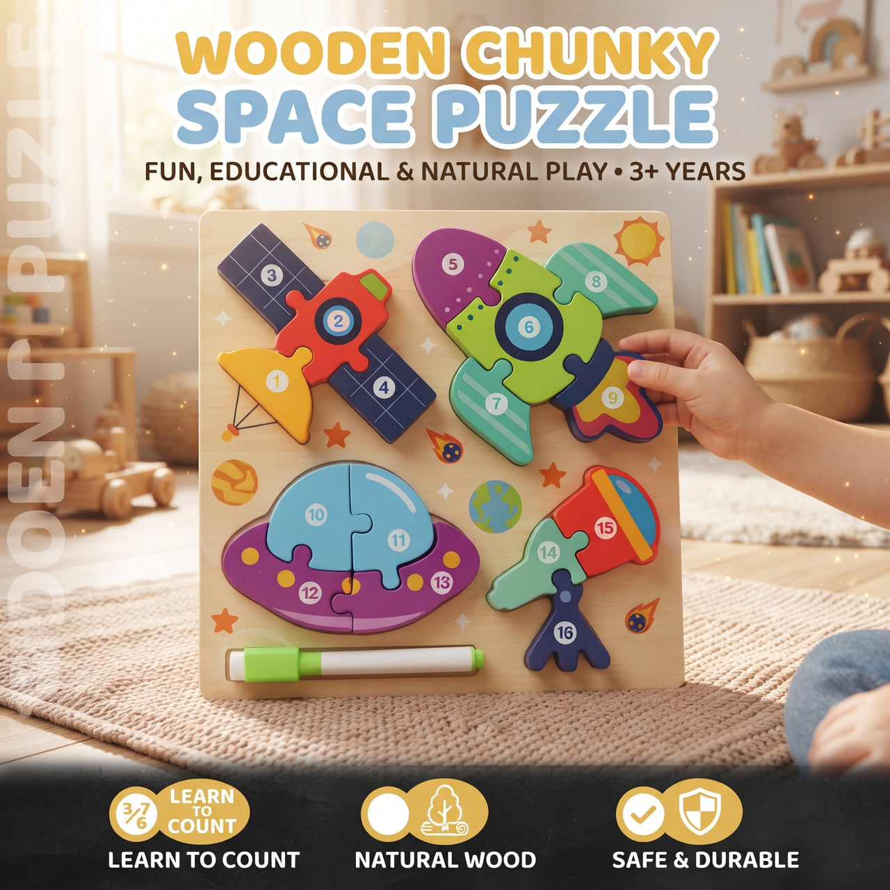4 Space Number Chunky Board Puzzle Satellite, Rocket, UFO And Telescope