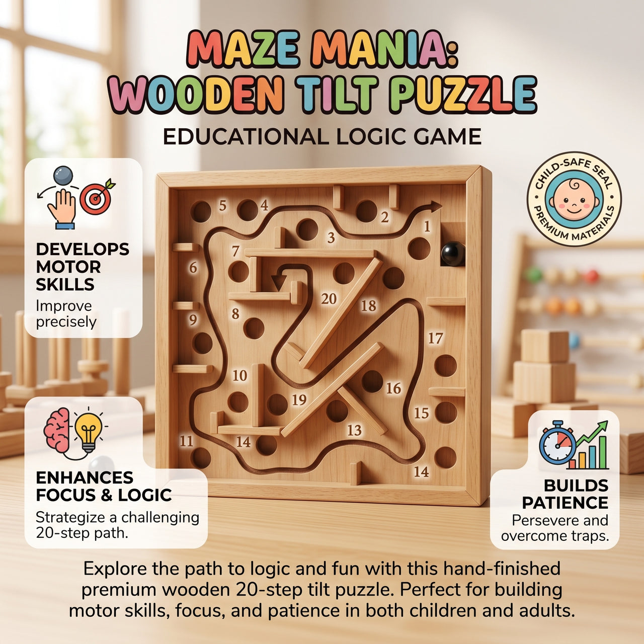 20-Hole Brain Teaser Wooden Marble Maze Ball Game