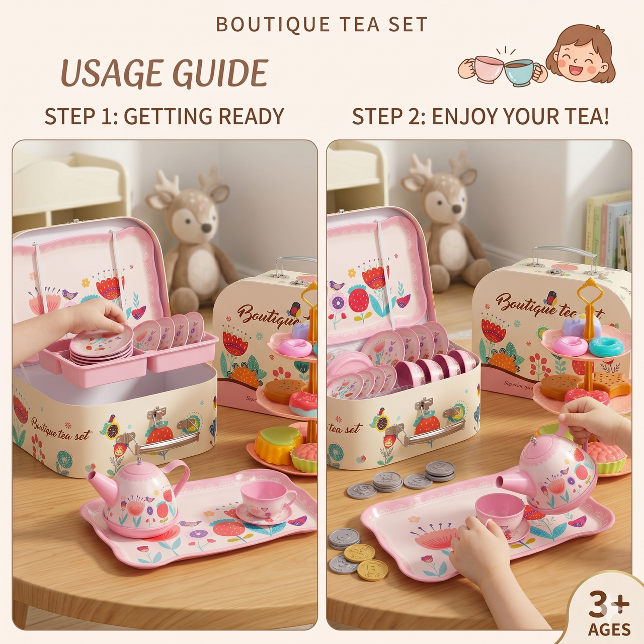 Pretend Play Metal Boutique Tea Set And Dessert Stand