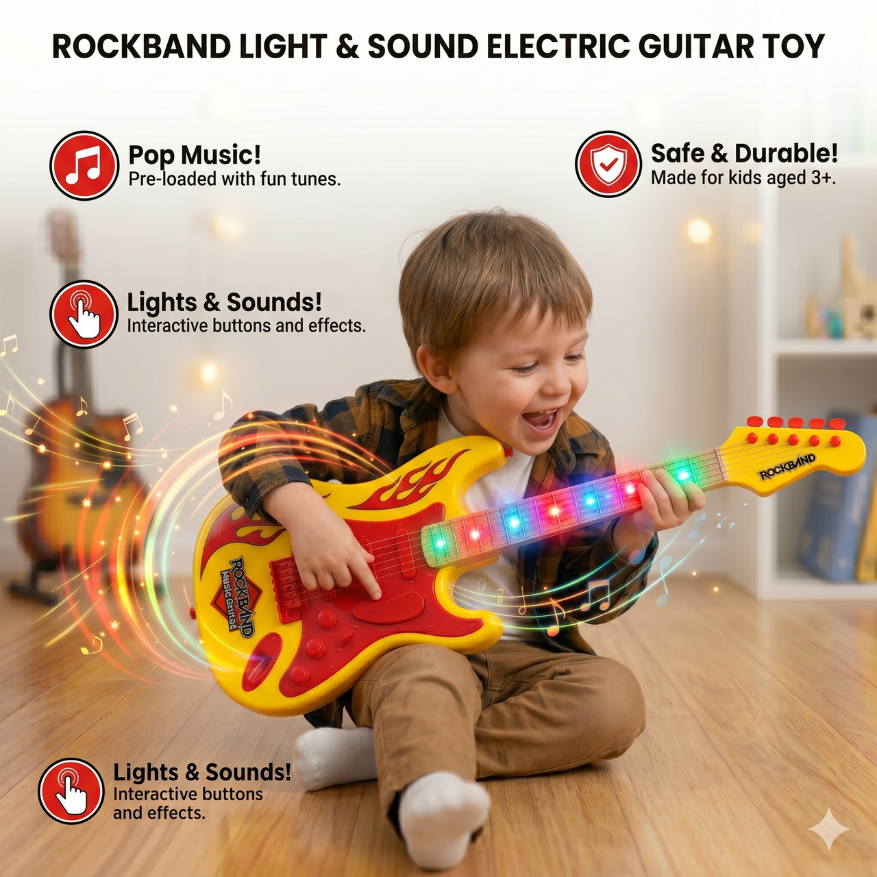 Rockband Light & Sound Electric Guitar Toy for Kids – Interactive Musical Pop Music Instrument