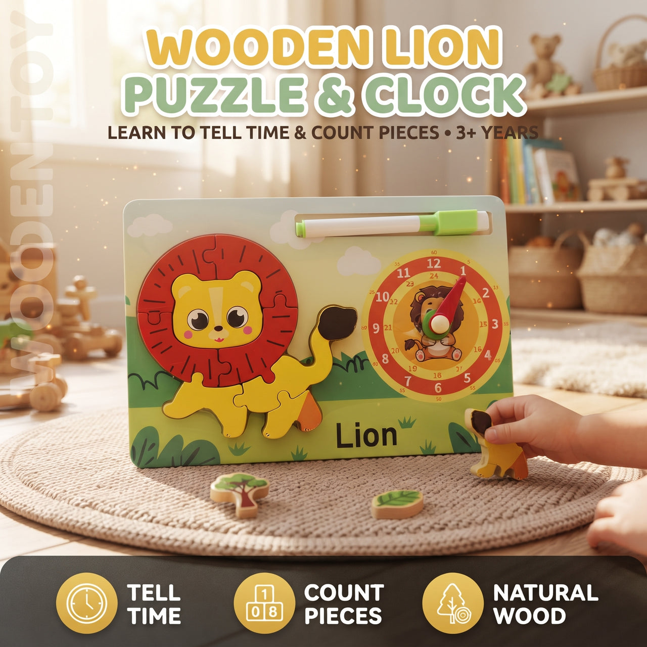 Lion Chunky Board Puzzle with Learning Clock