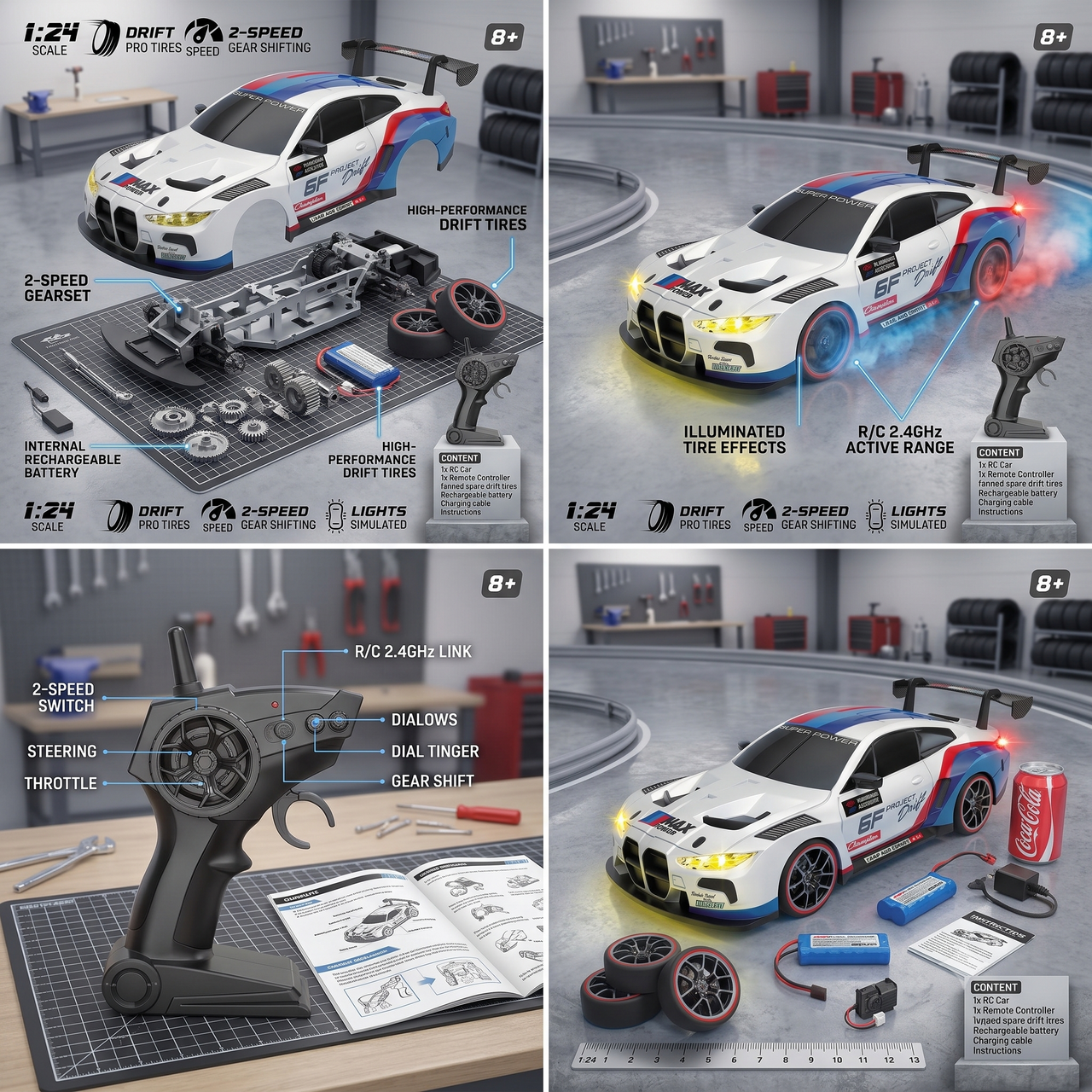 1:24 Scale Remote Control Drift Car With Pro Tires & Simulated Lights 2.4GHz