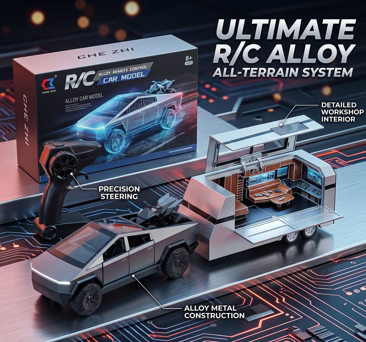 Alloy Remote Control Cyber Truck with Caravan Trailer