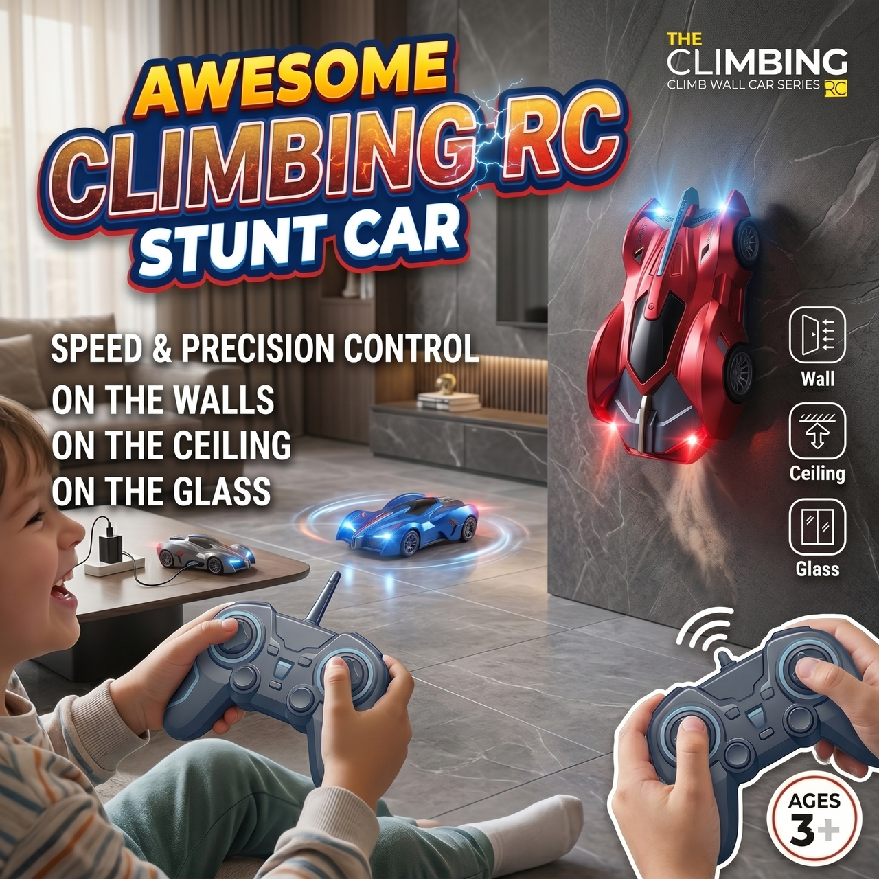360° Stunts Remote Control Climbing Stunt Car Drives on Walls, Ceiling & Glass