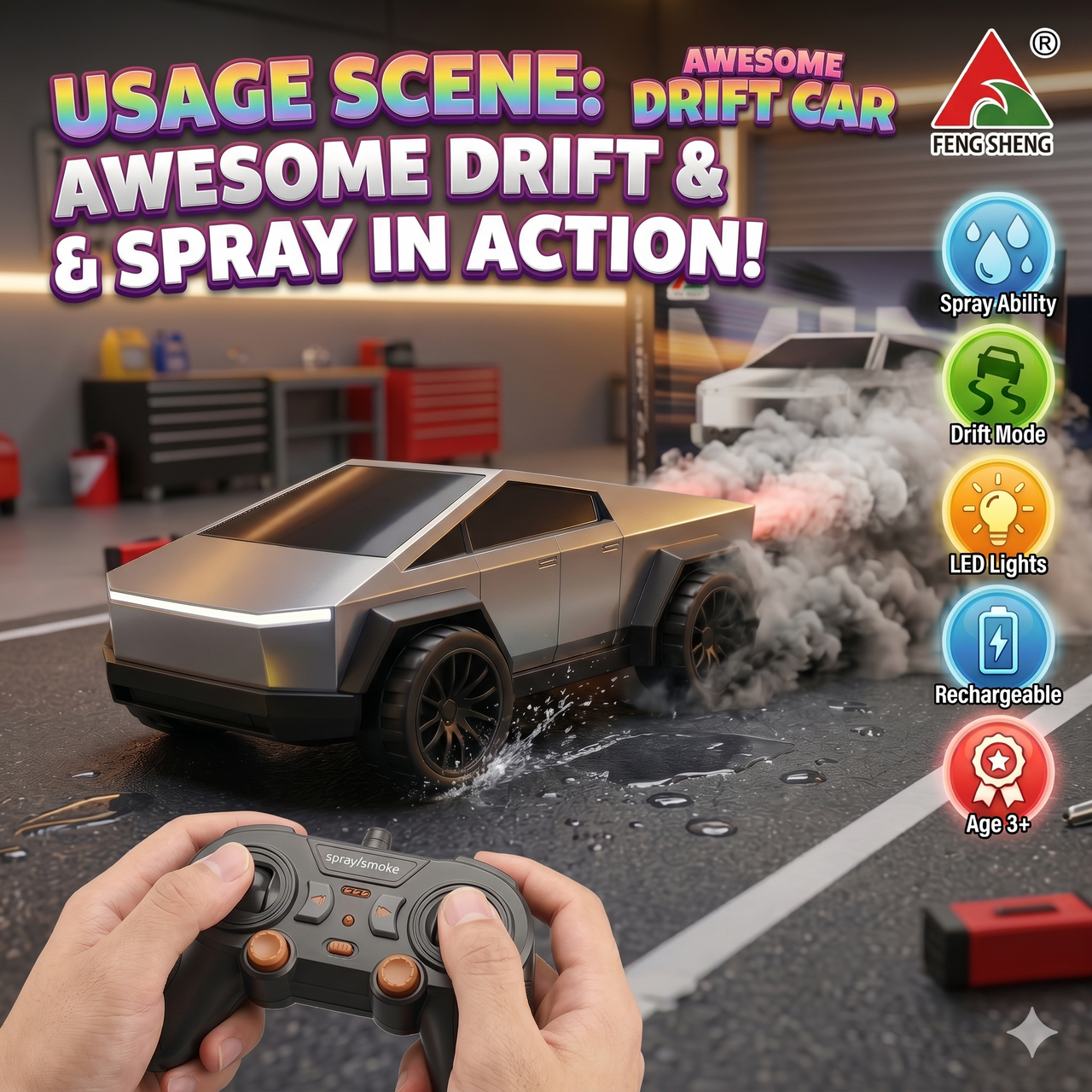 2.4G Remote Control Cybertruck With Spray, LED & Drift Mode