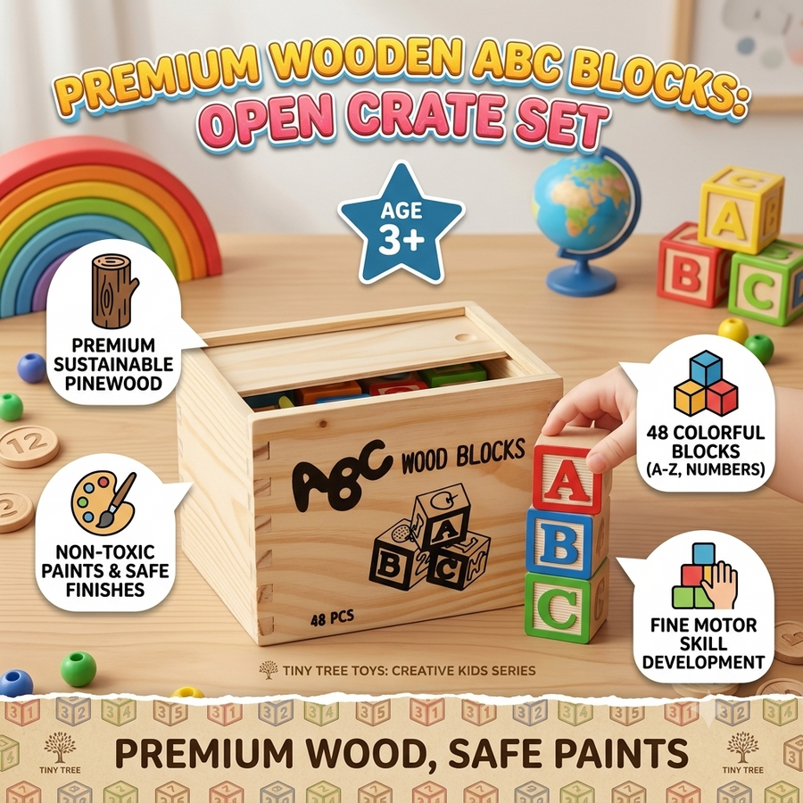 48 Pcs Premium Wooden ABC Blocks Open Crate Set