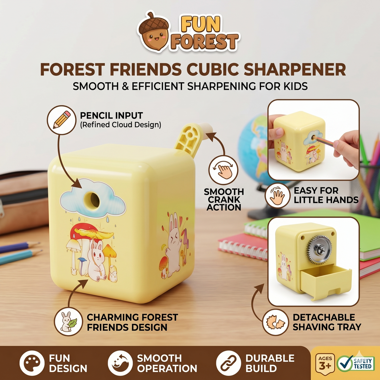 Fun Forest Friends Cubic Pencil Sharpener | Smooth Crank Action | Age 3+
