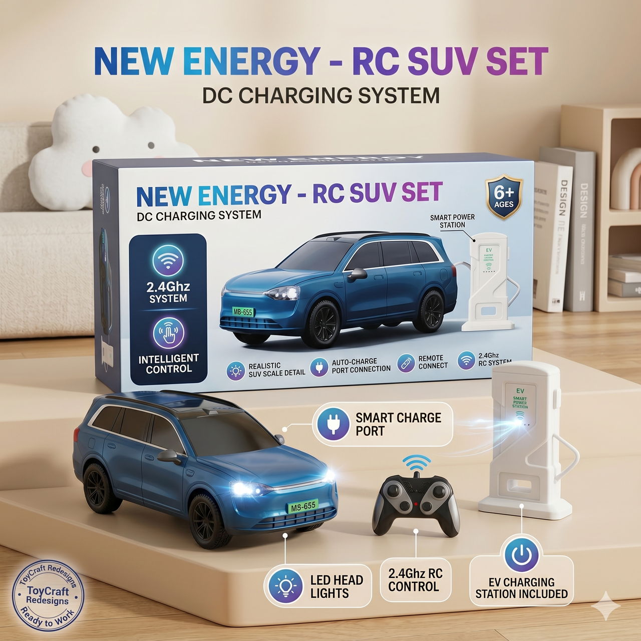 New Energy Electric RC SUV Car Toy Set – 2.4Ghz Remote Control Car with Simulation EV Charging Station