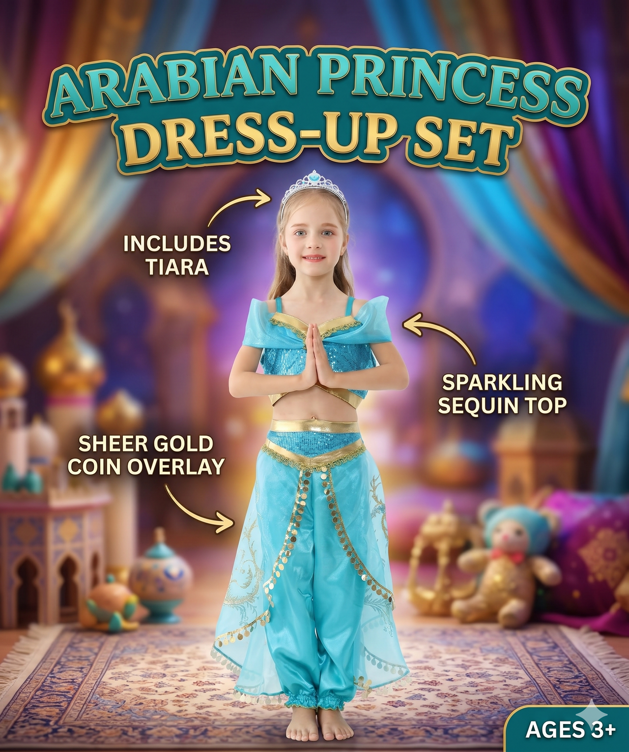 Premium Arabian Princess Dress-Up Costume Set for Girls – Includes Tiara & Sequin Outfit
