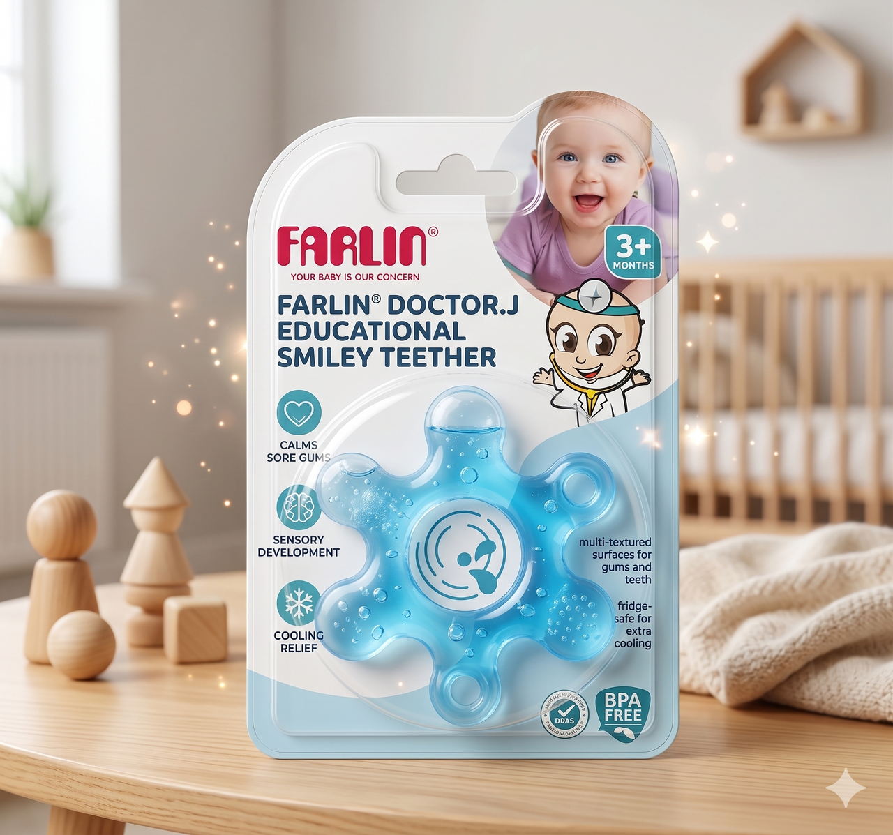 Farlin Doctor.J Educational Smiley Teether for Babies – Cooling Relief Water Filled Teether