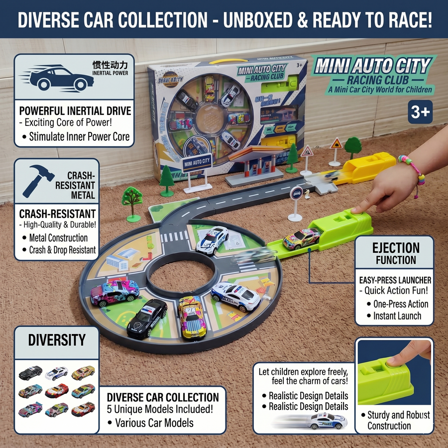 Mini Auto City Racing Club Track Set – Inertial Drive Metal Diecast Car Toy with Ejection Launcher