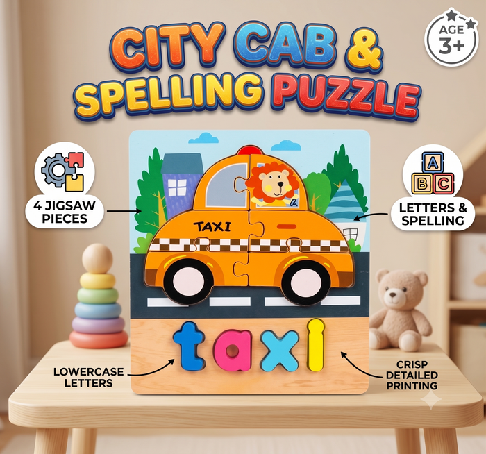 City Cab & Spelling Puzzle for Kids | 4-Piece Wooden Jigsaw | Age 3+