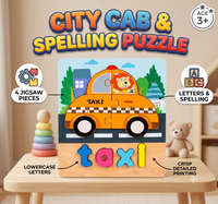 Thumbnail for City Cab & Spelling Puzzle for Kids | 4-Piece Wooden Jigsaw | Age 3+