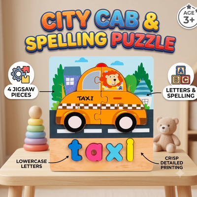 City Cab & Spelling Puzzle for Kids | 4-Piece Wooden Jigsaw | Age 3+