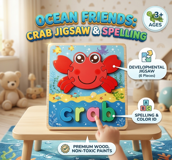 Ocean Friends: Crab Jigsaw & Spelling Puzzle for Kids | Age 3+