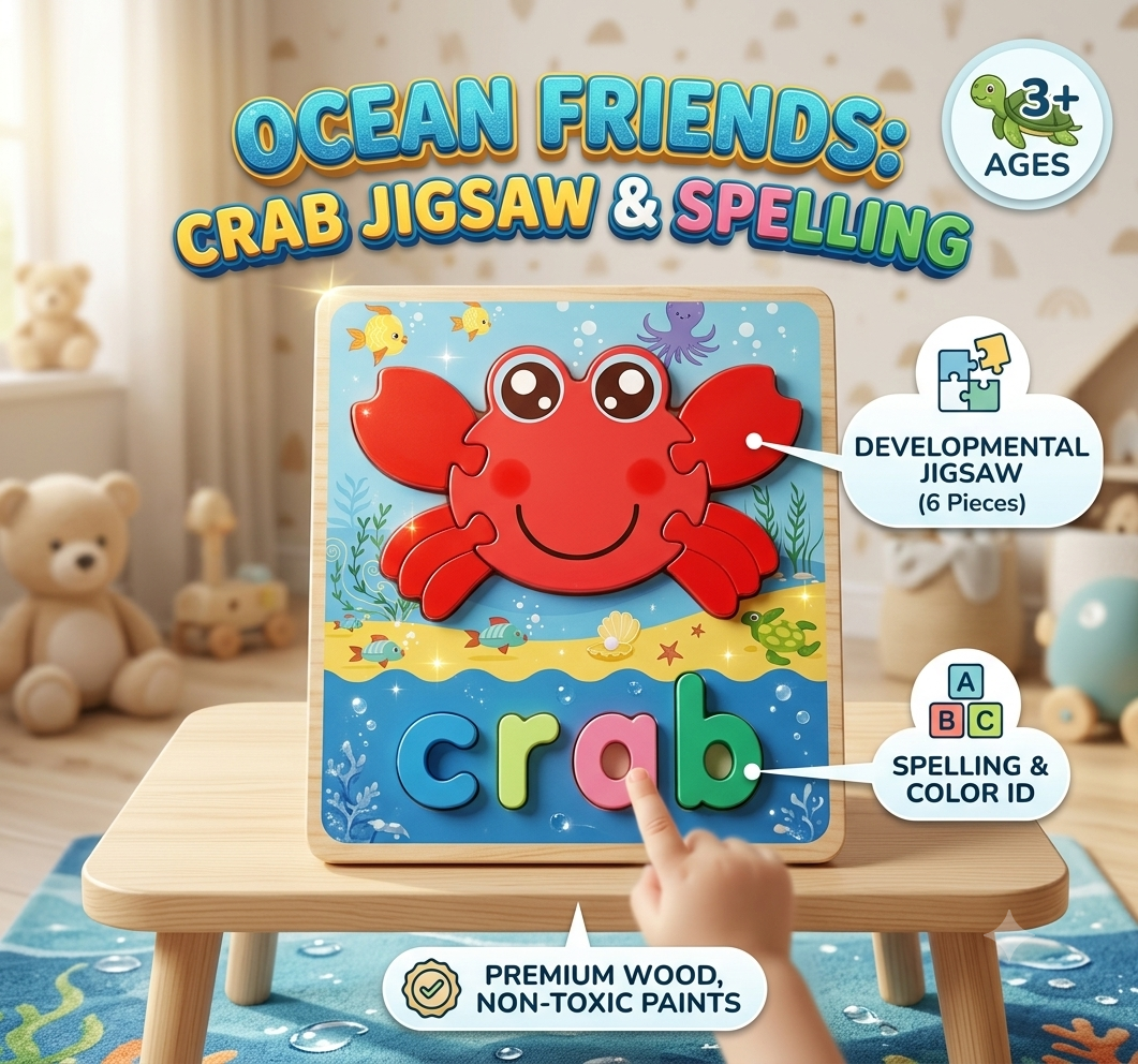 Ocean Friends: Crab Jigsaw & Spelling Puzzle for Kids | Age 3+