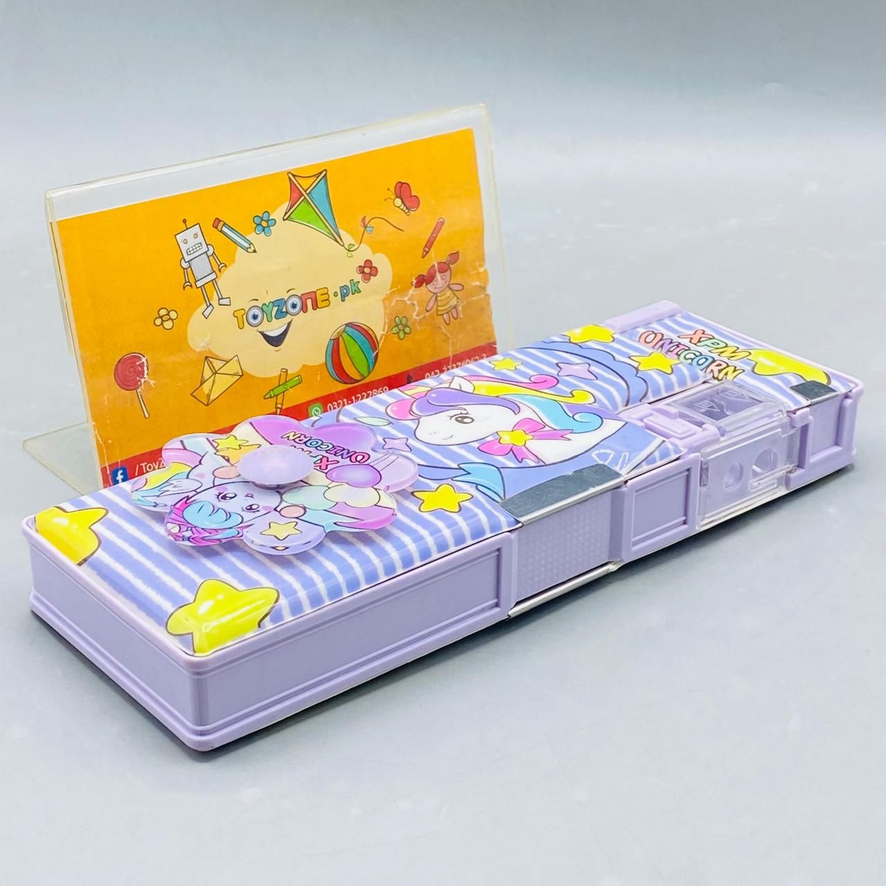 Magical Unicorn Pop-Up Pencil Box with Built-in Sharpener & Purple Striped Design