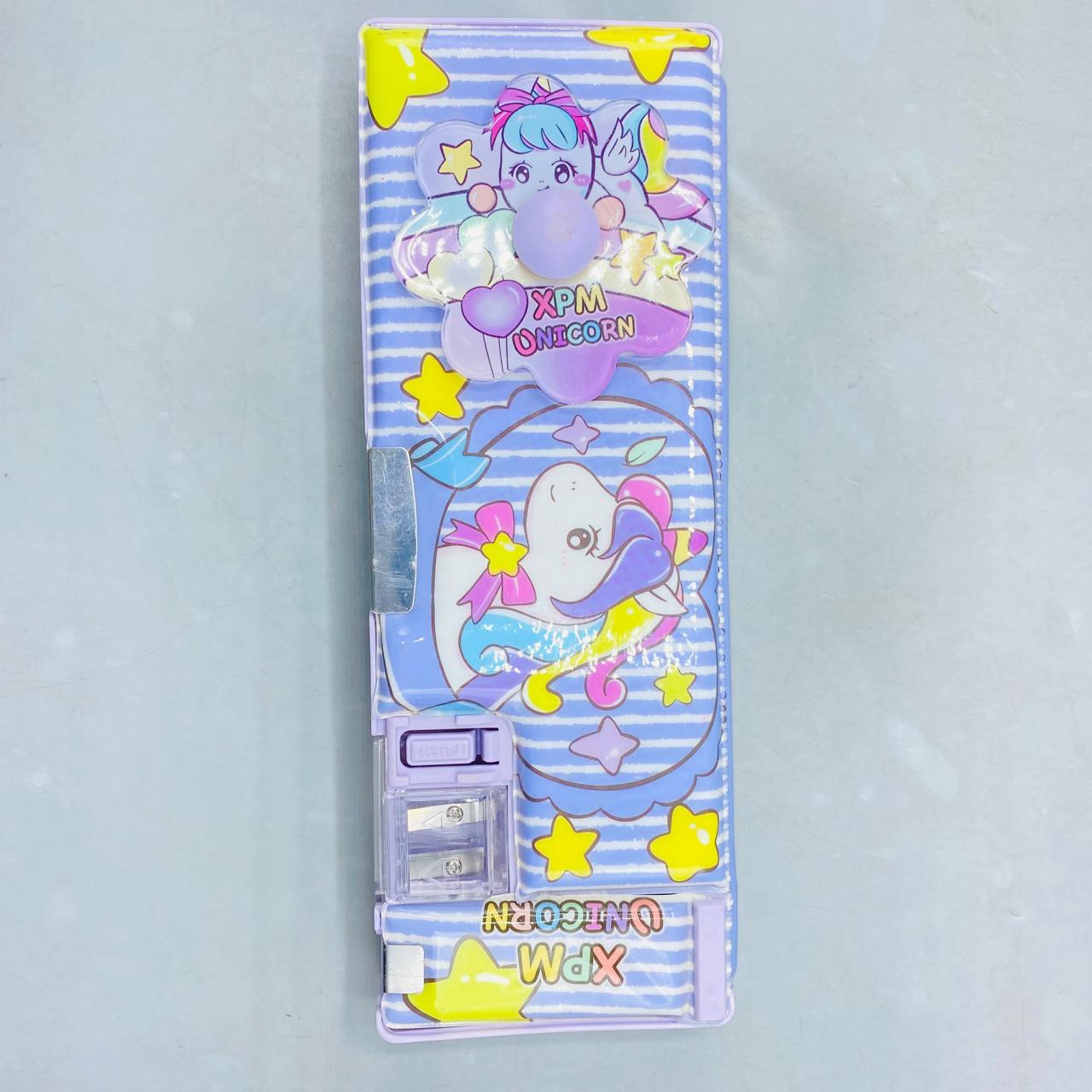 Magical Unicorn Pop-Up Pencil Box with Built-in Sharpener & Purple Striped Design