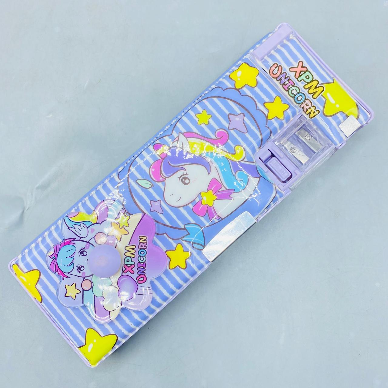 Magical Unicorn Pop-Up Pencil Box with Built-in Sharpener & Purple Striped Design
