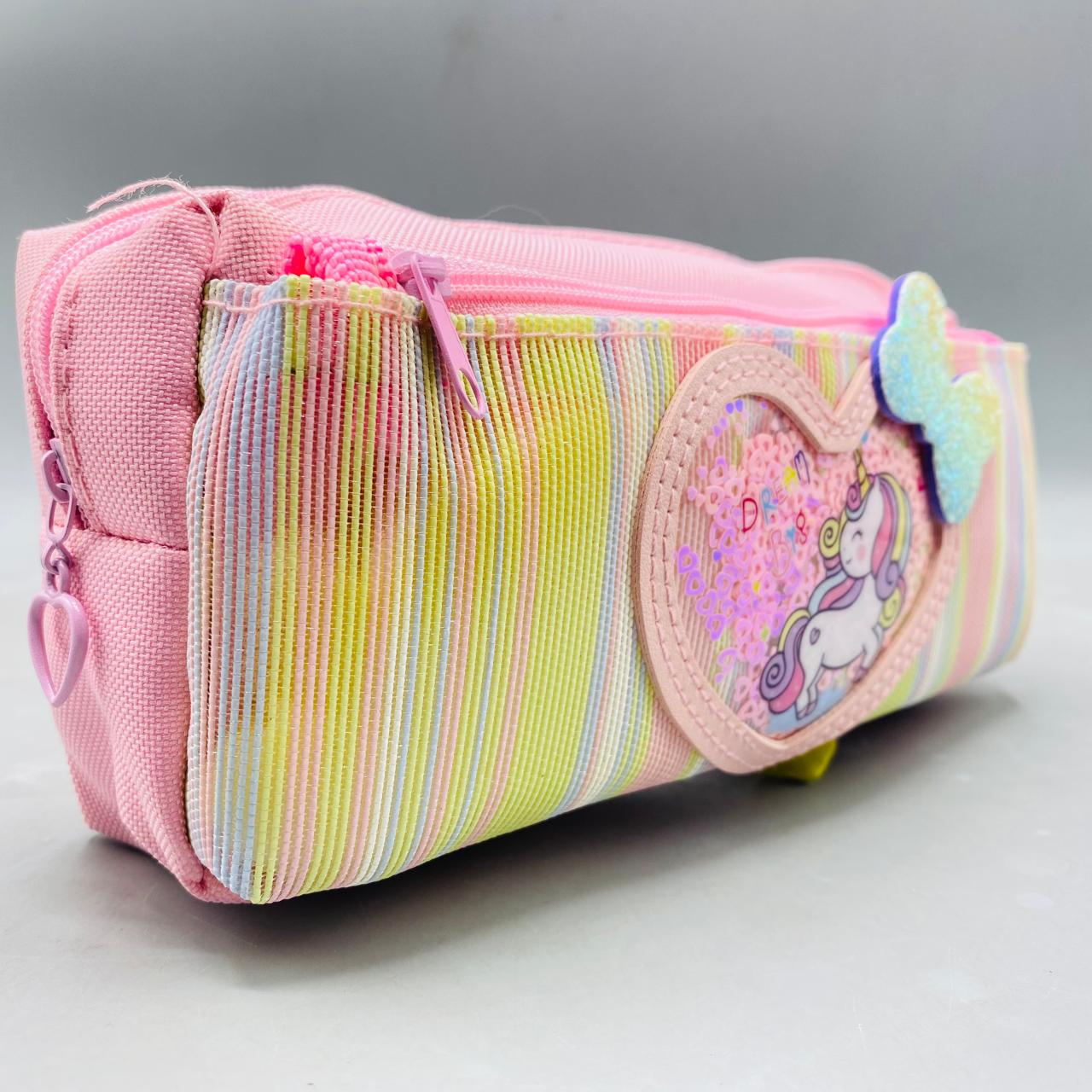 Magical Pink Striped Unicorn Pencil Case with Shimmering Sequin Heart