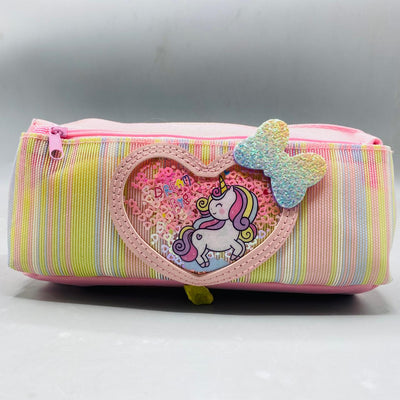 Magical Pink Striped Unicorn Pencil Case with Shimmering Sequin Heart