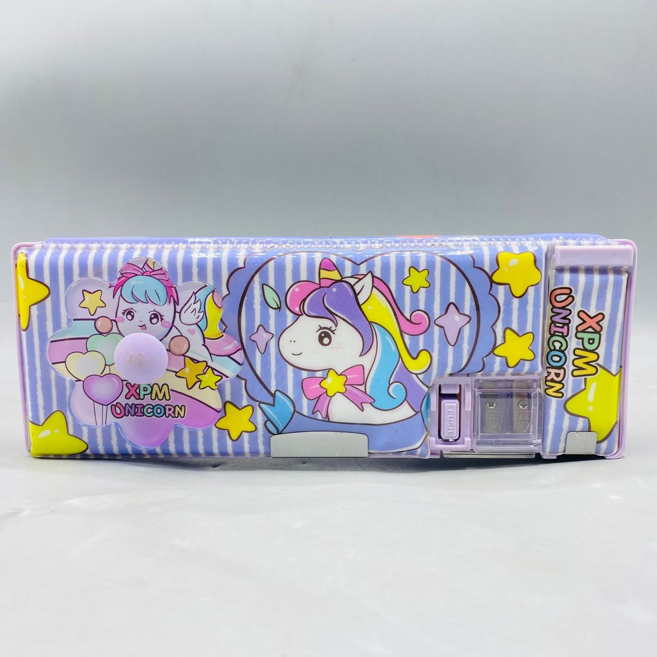 Magical Unicorn Pop-Up Pencil Box with Built-in Sharpener & Purple Striped Design