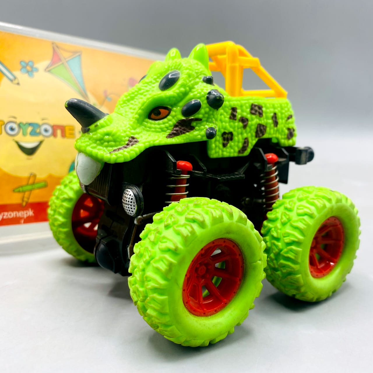 🦖 Neon Green Dinosaur Head Monster Truck Toy - Friction Powered Beast