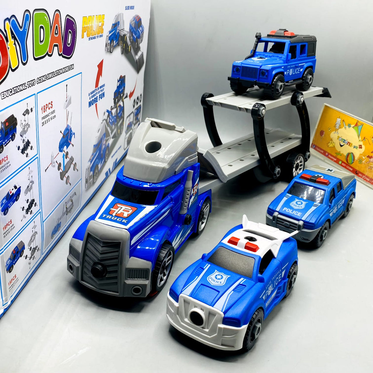 DIY Manual Police Detachable Truck Hauler with 3 Cars