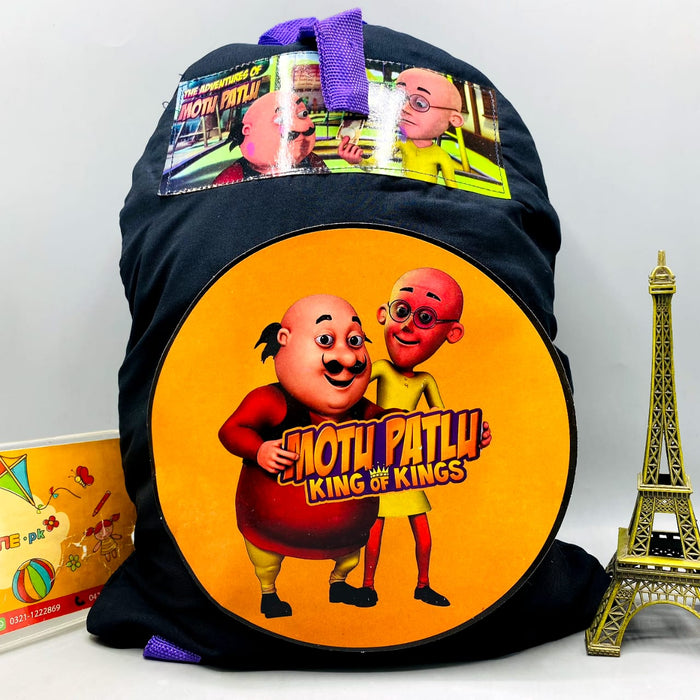 Motu Patlu "King of Kings" Kids' Black Backpack with Purple Straps