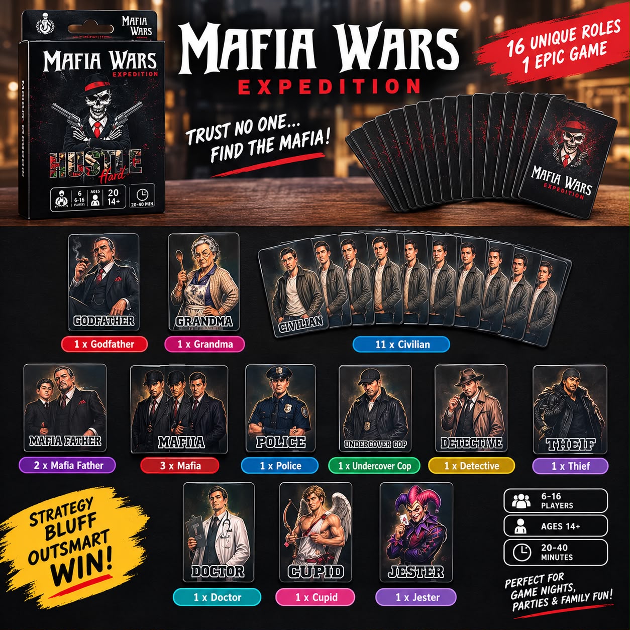 Mafia Wars Expedition card game box and 20 cards showing 16 unique roles including Godfather, Mafia, Police, Detective and more