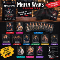 Thumbnail for Mafia Wars Expedition card game box and 20 cards showing 16 unique roles including Godfather, Mafia, Police, Detective and more