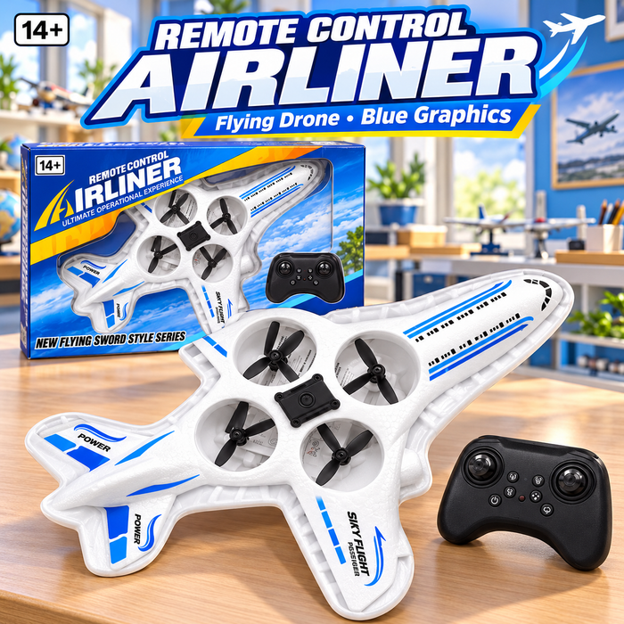 White remote control airliner drone with blue graphics and black controller