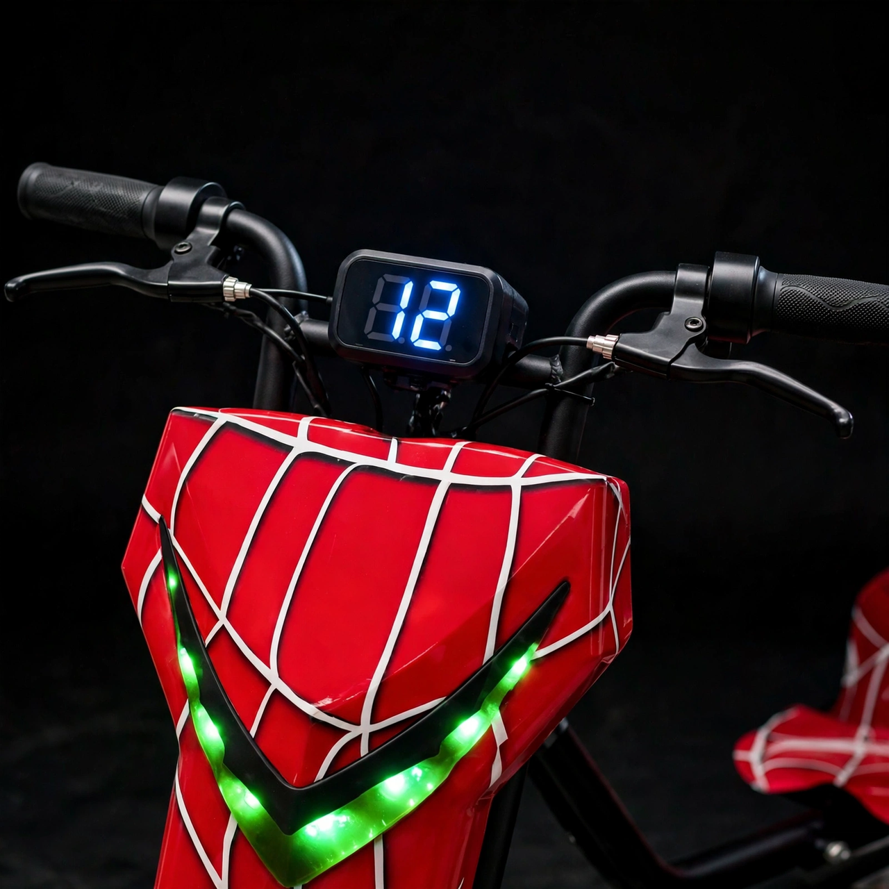Close-up of the Volt X scooter handlebar with digital LED display