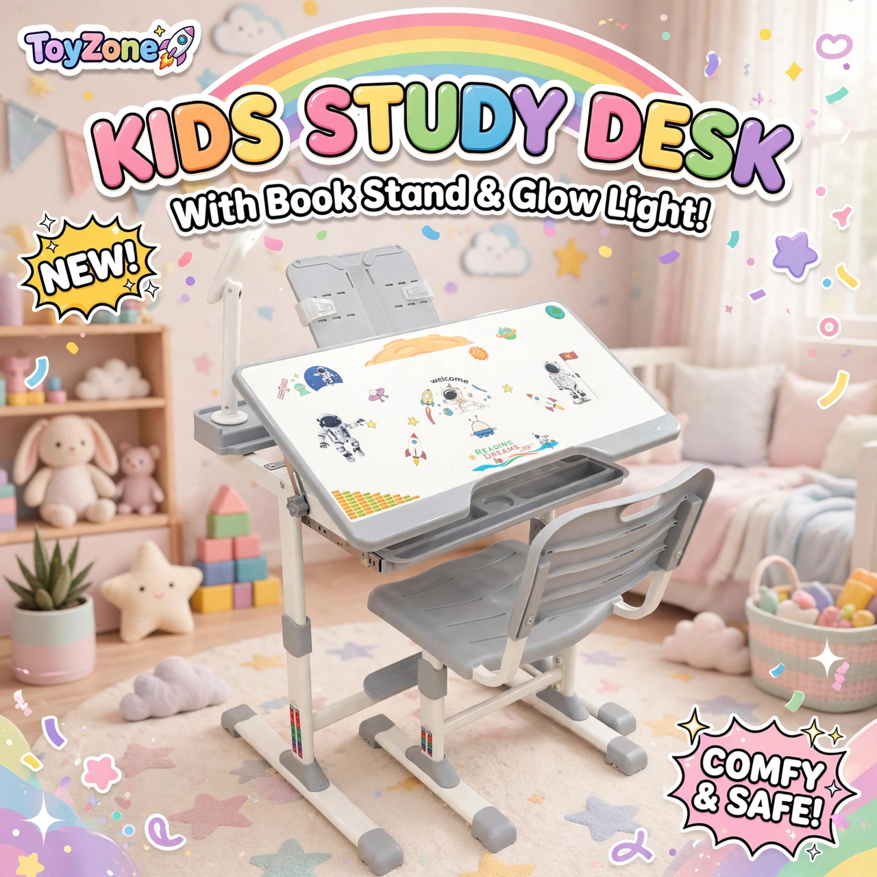 Kids Study Desk with Book Stand and Rechargeable Light