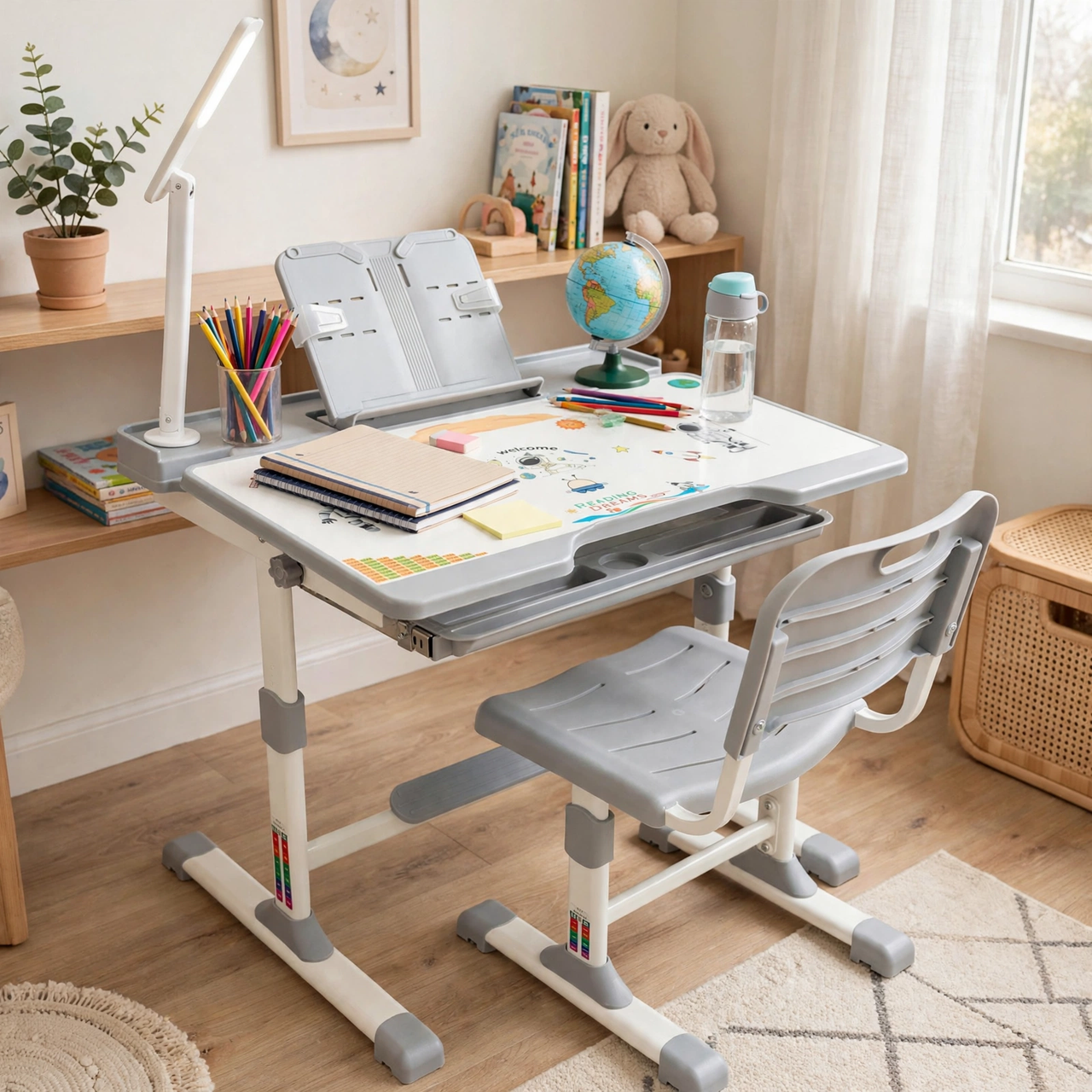 Kids Study Desk with Book Stand and Rechargeable Light